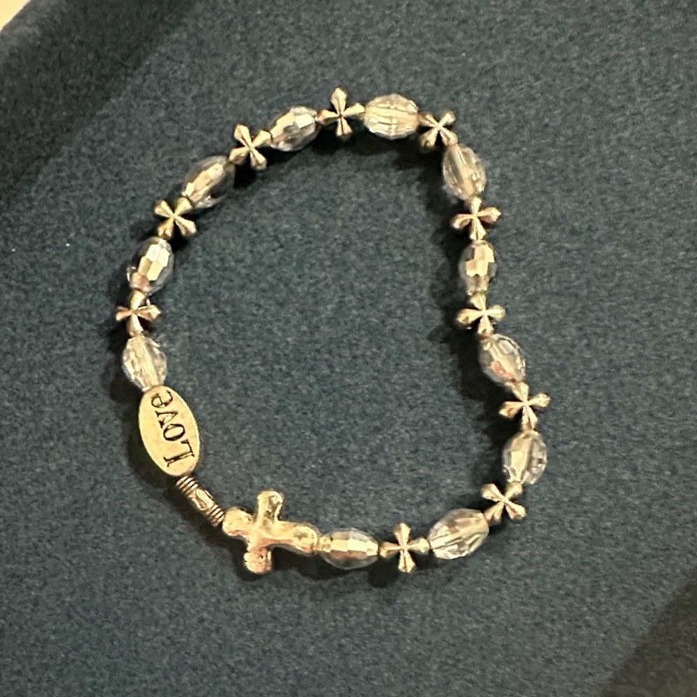 Silver Beaded Bracelet with Cross and Love Charm